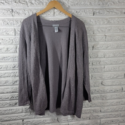 Catherines Womens Sweater 1X Plus Cardigan Open Gray Silver Metallic Thread