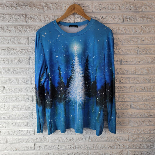 Christmas Just Fashion Now Womens Top XL Tee Long Sleeve Trees Blue Holiday
