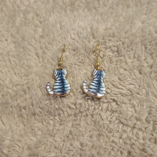 Cat Kitten Earrings Blue Tabby Gold Tone Fish Hook Dangle Hanging Novelty