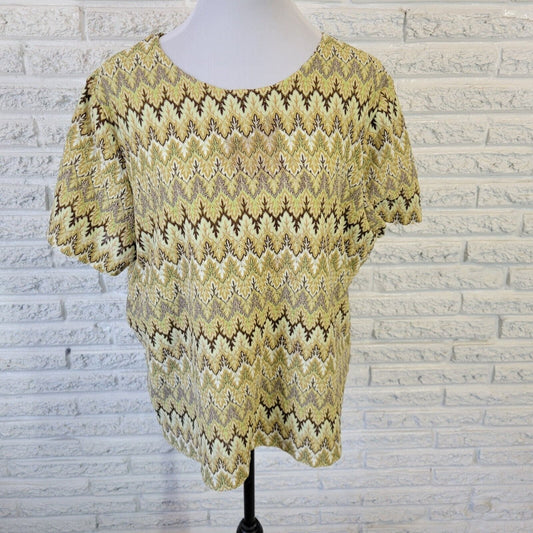 Alfred Dunner Womens Top 1X Short Sleeve Green Geometric Lined Knit Polyester