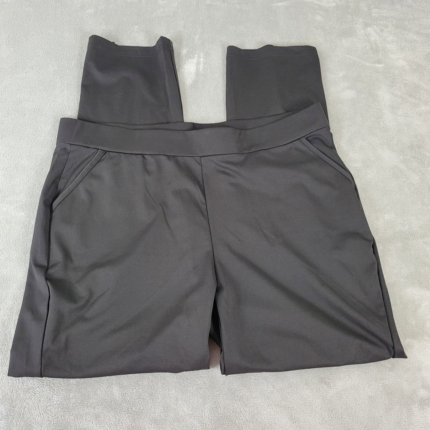 Shosho Womens Pants 1X Plus Cropped Pull On Black Poly Blend Deco Buttons Comfy