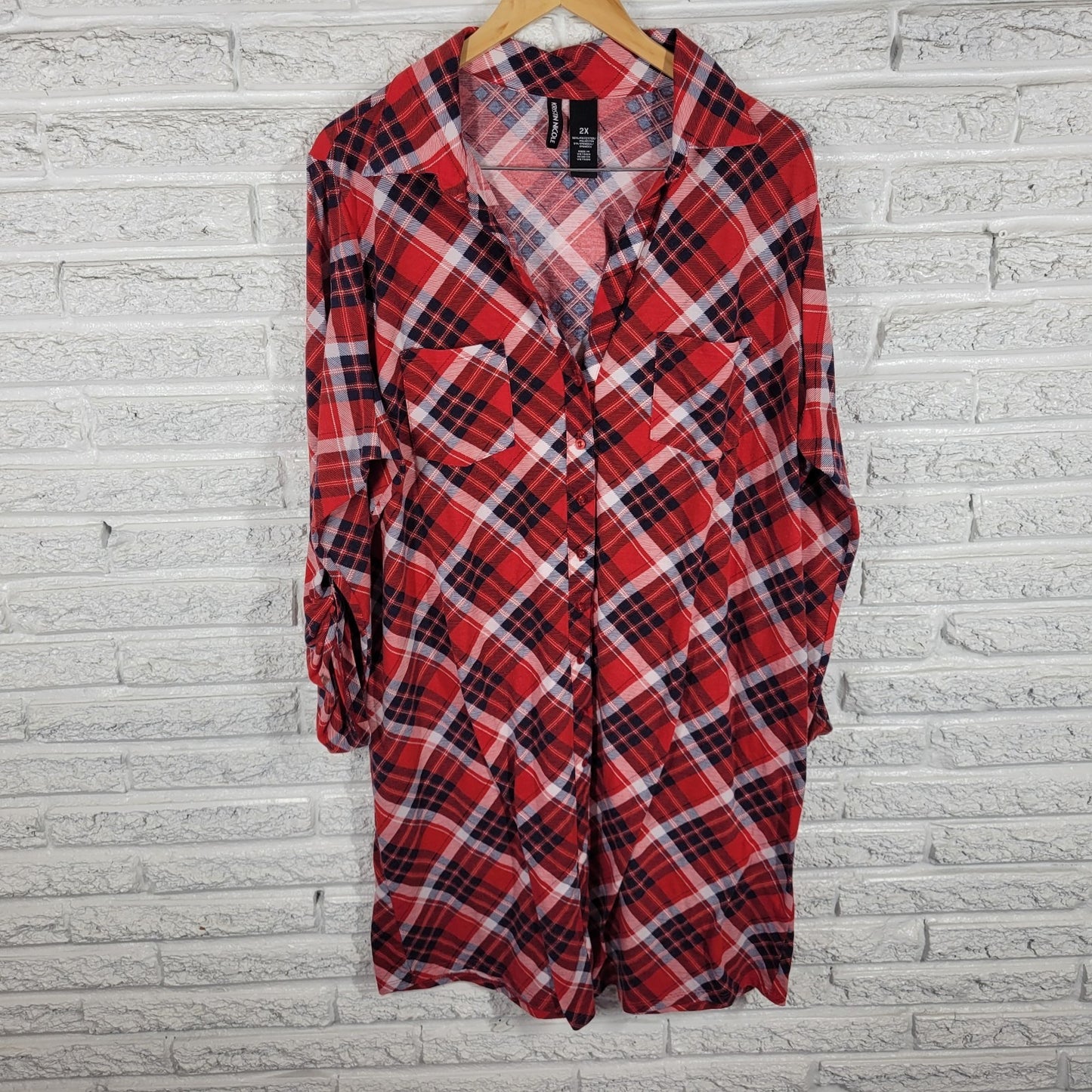 Kristin Nicole Womens Dress 2X Plus Roll Tab Sleeve Red Plaid Button Up Collar