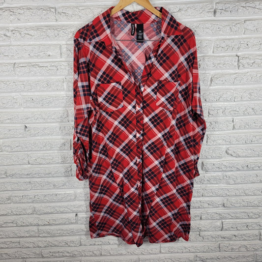 Kristin Nicole Womens Dress 2X Plus Roll Tab Sleeve Red Plaid Button Up Collar