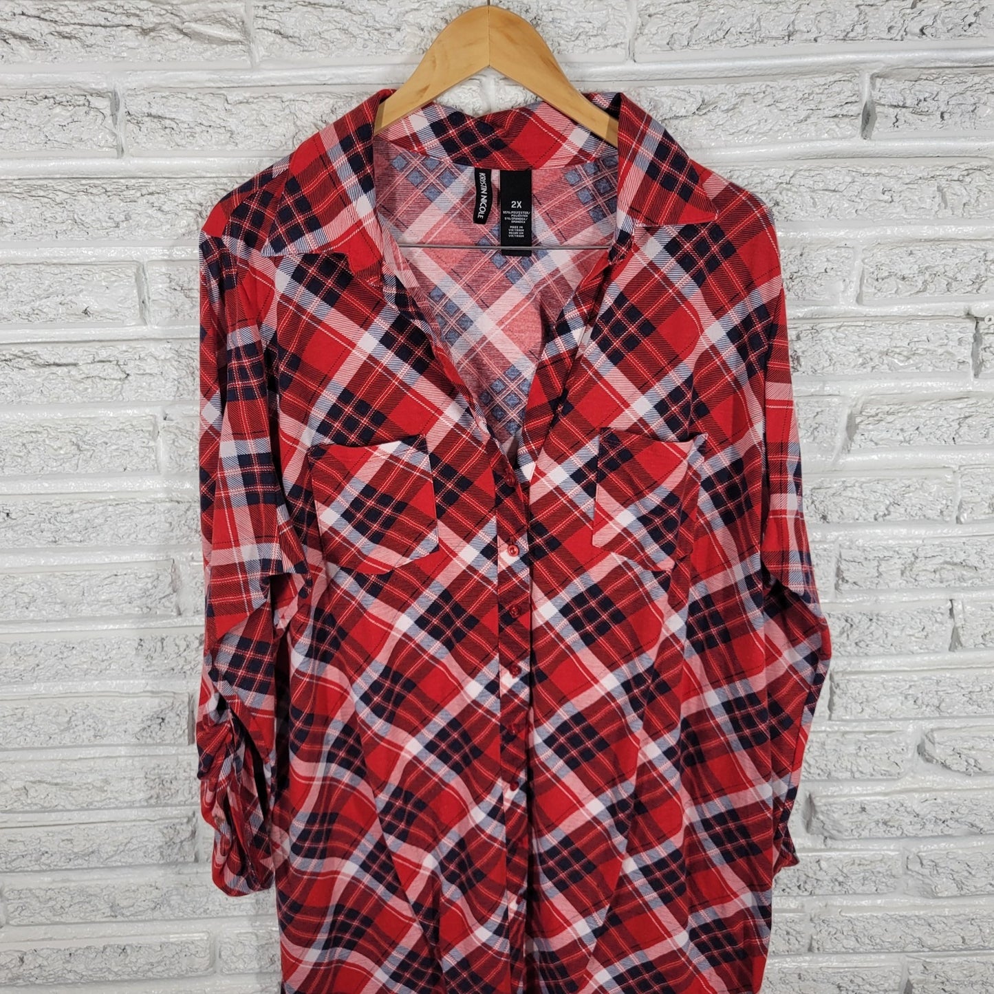 Kristin Nicole Womens Dress 2X Plus Roll Tab Sleeve Red Plaid Button Up Collar