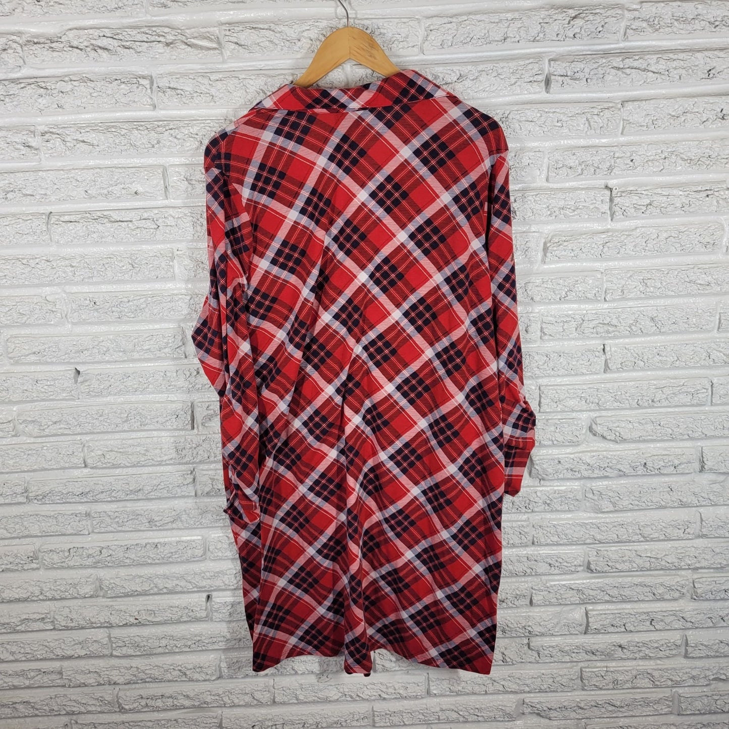 Kristin Nicole Womens Dress 2X Plus Roll Tab Sleeve Red Plaid Button Up Collar