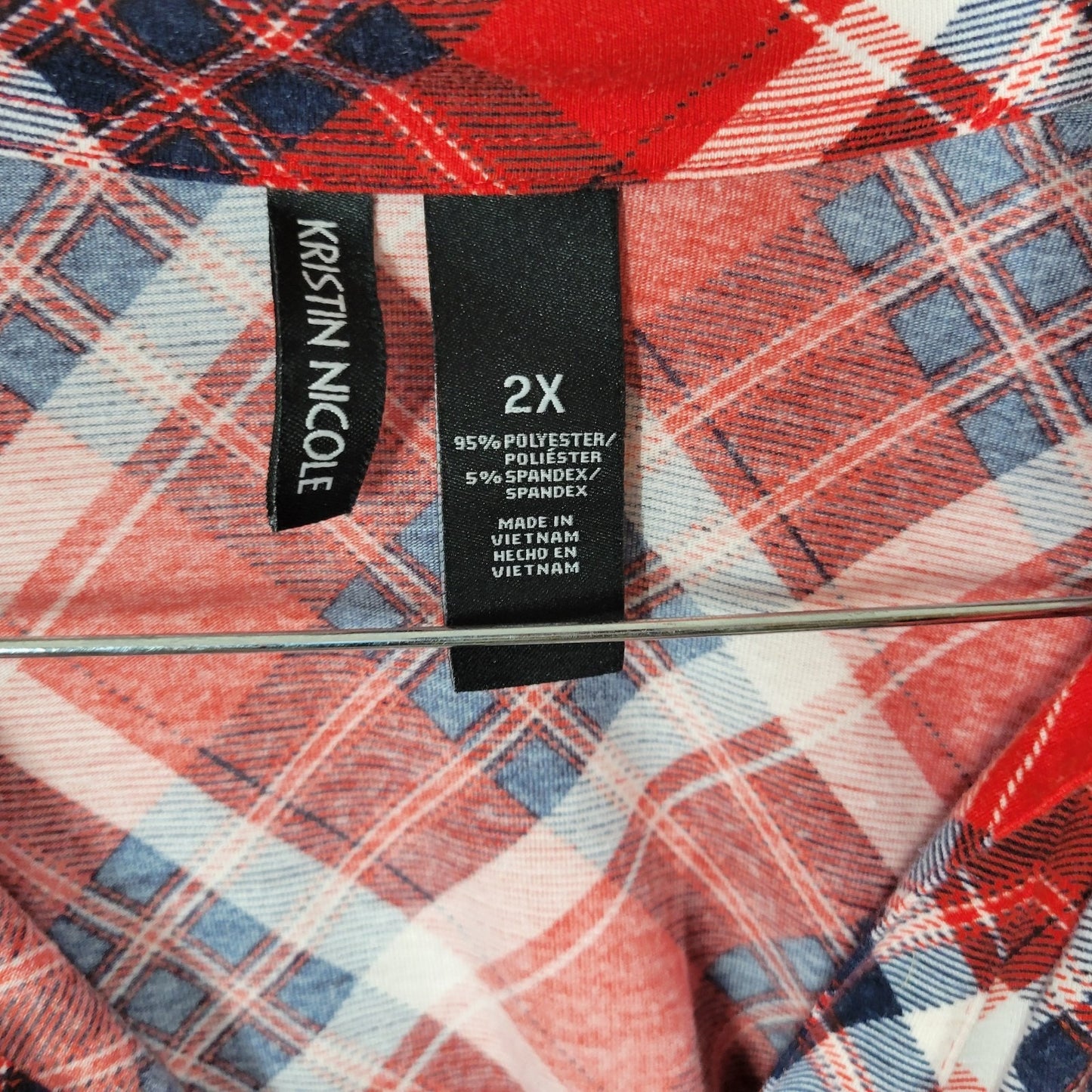 Kristin Nicole Womens Dress 2X Plus Roll Tab Sleeve Red Plaid Button Up Collar