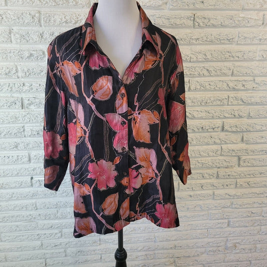 Scott Taylor Womens Top 1X 3/4 Sleeve Black Pink Floral Button Up Lightweight