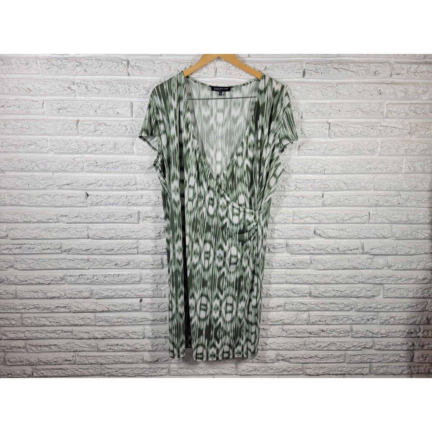 Jones New York Womens Dress 2X Faux WrapGreen Watercolor Cap Sleeve Poly Blend