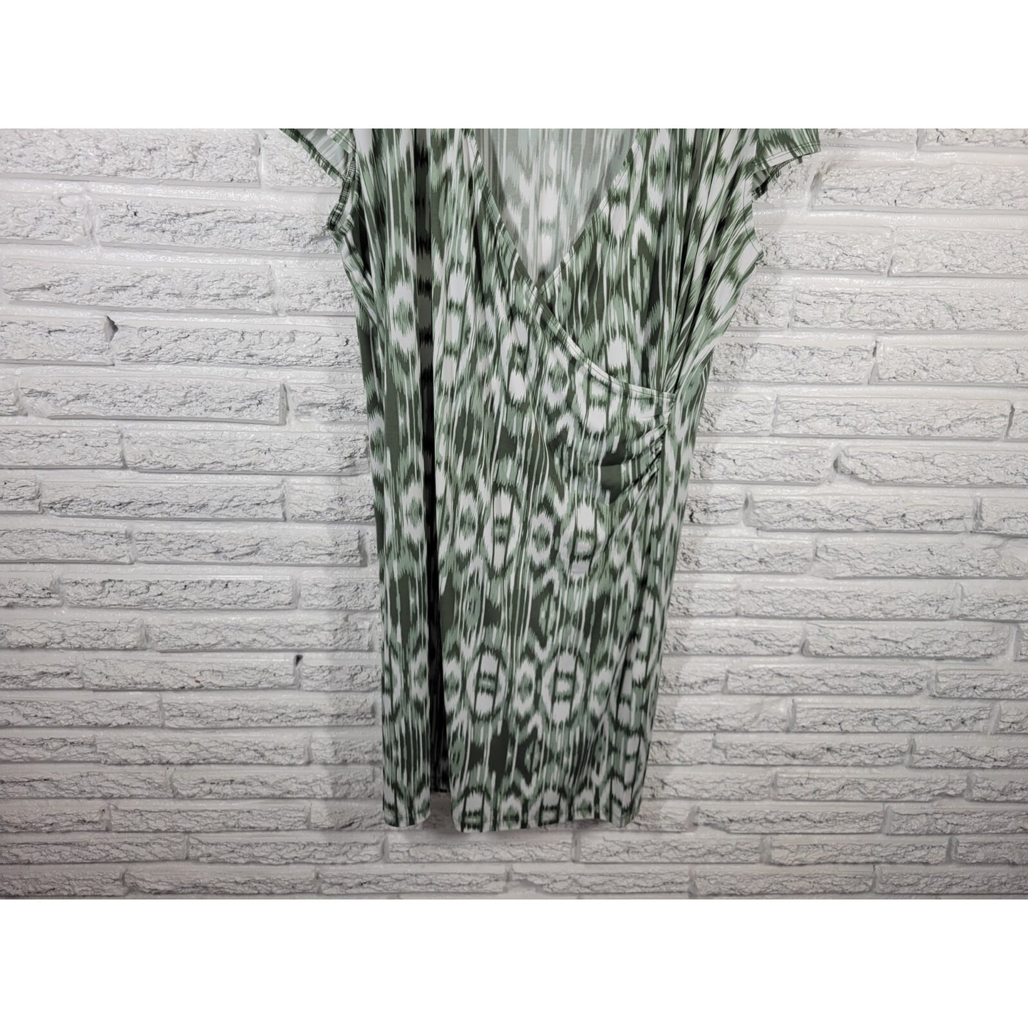 Jones New York Womens Dress 2X Faux WrapGreen Watercolor Cap Sleeve Poly Blend