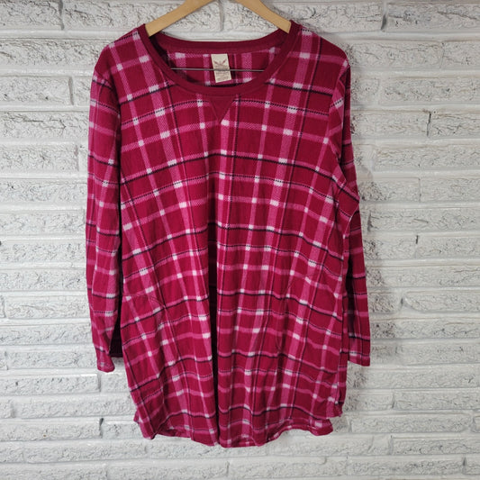 Faded Glory Women Pajama Top 2X 3X Plus Long Sleeve Pink Plaid Flannel Polyester