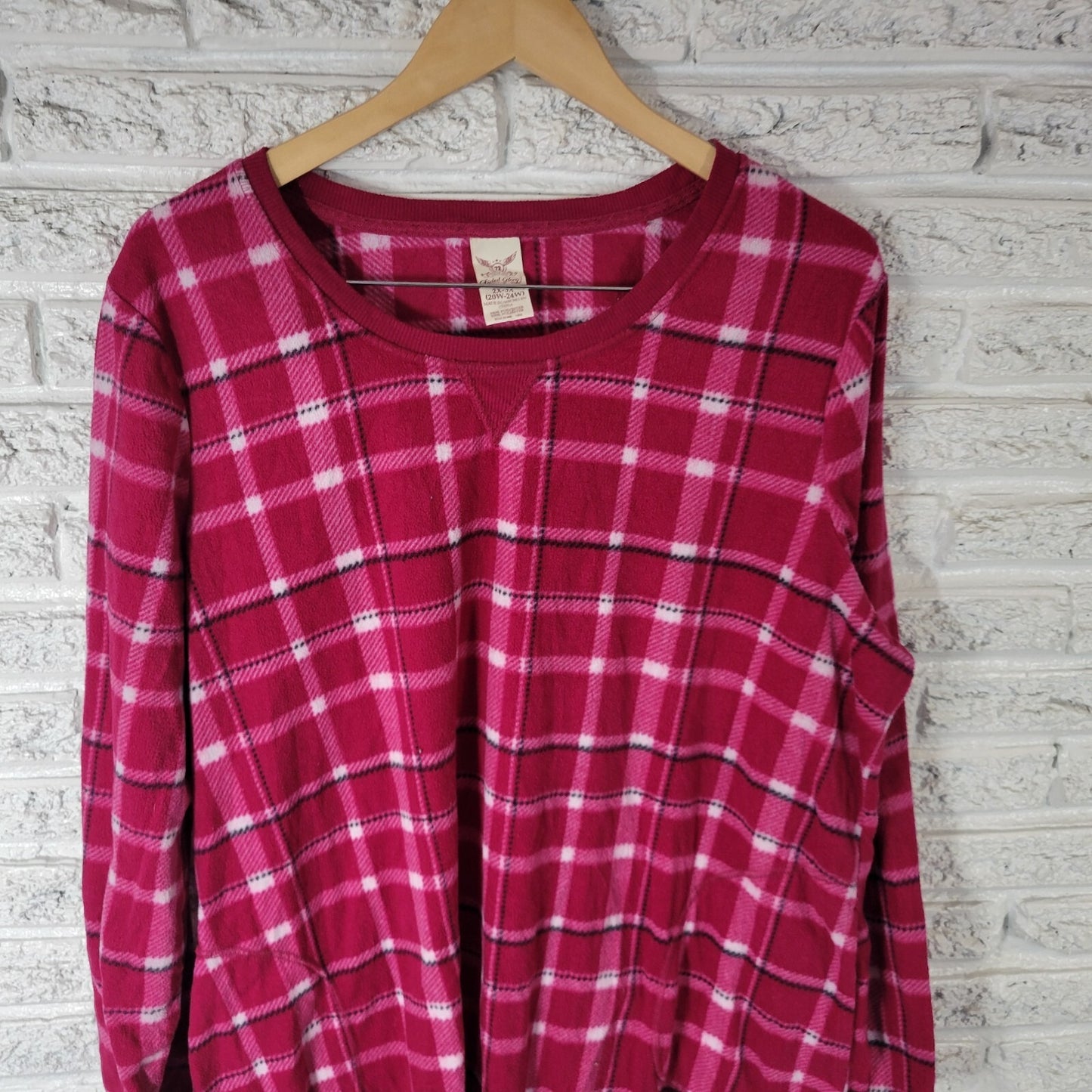Faded Glory Women Pajama Top 2X 3X Plus Long Sleeve Pink Plaid Flannel Polyester
