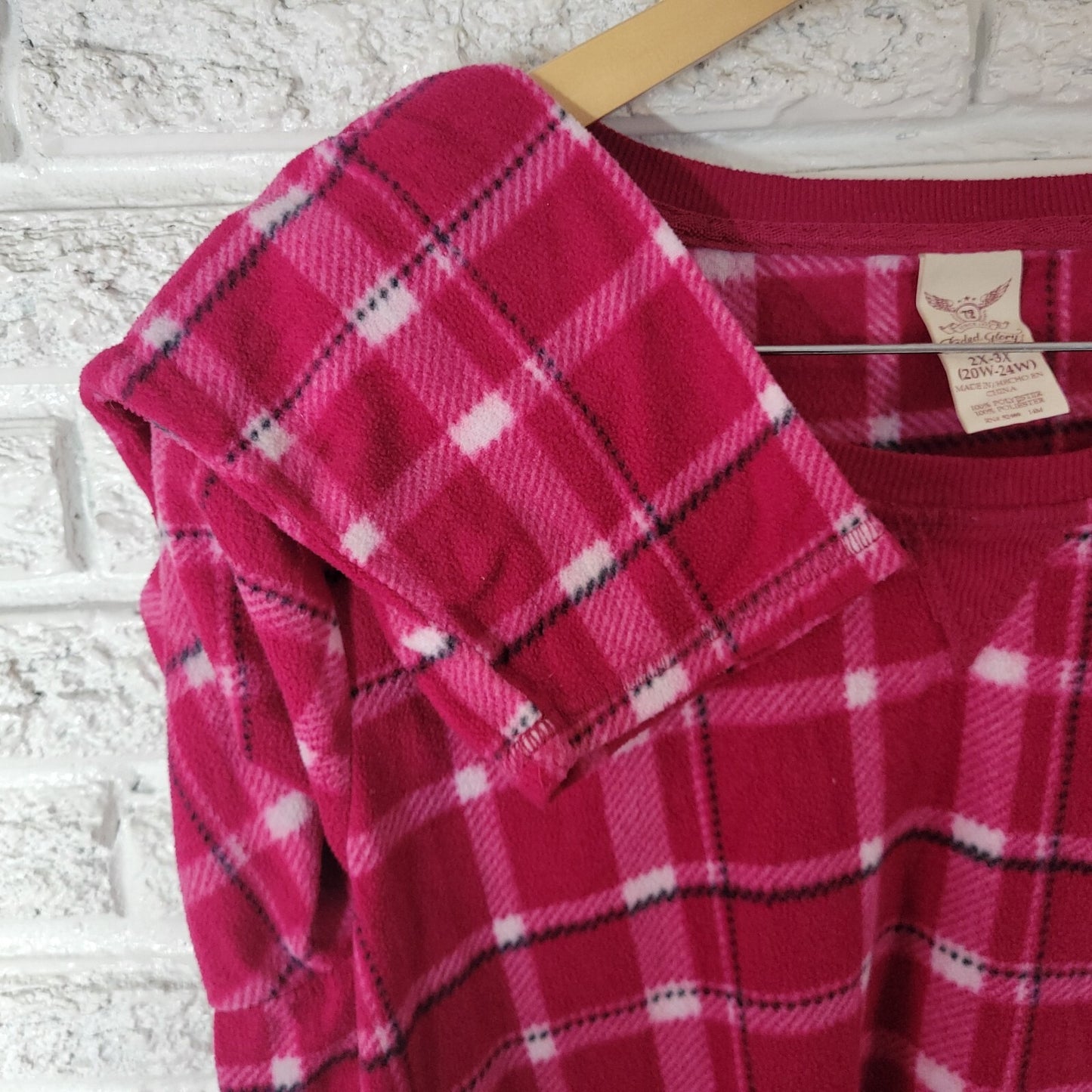 Faded Glory Women Pajama Top 2X 3X Plus Long Sleeve Pink Plaid Flannel Polyester