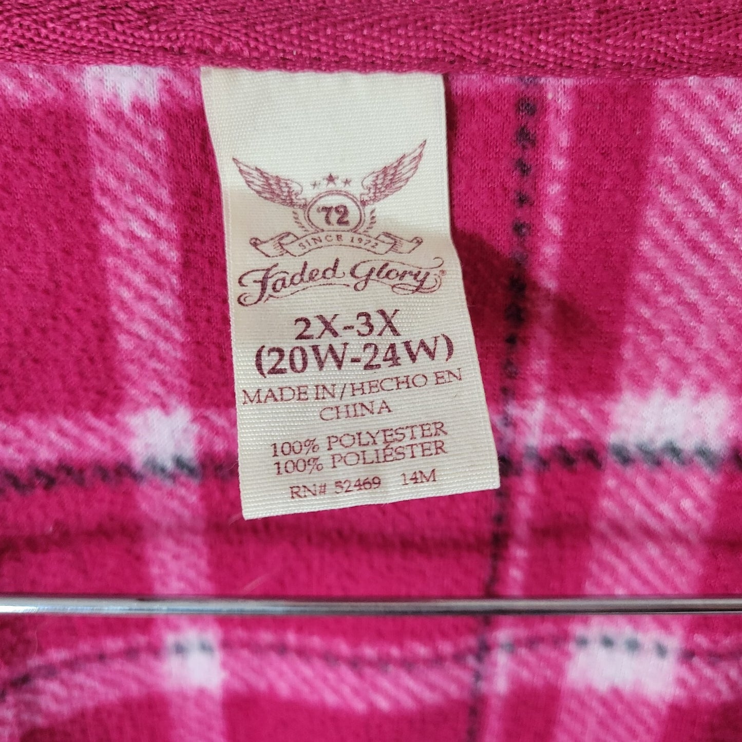 Faded Glory Women Pajama Top 2X 3X Plus Long Sleeve Pink Plaid Flannel Polyester