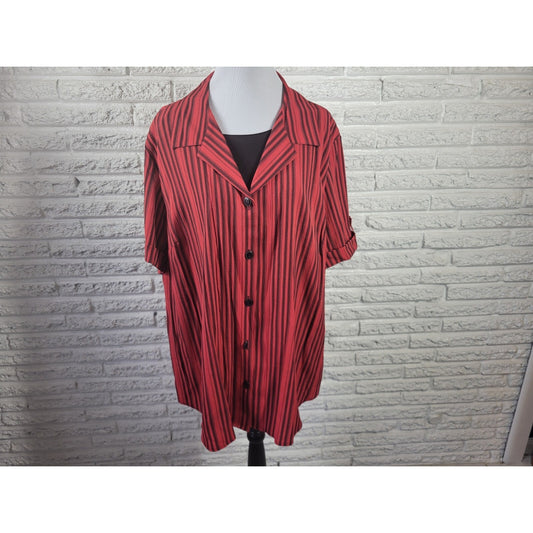 Maggie Barnes Womens Top 24W Plus Cuff Sleeve Red Stripe Collar Office Casual