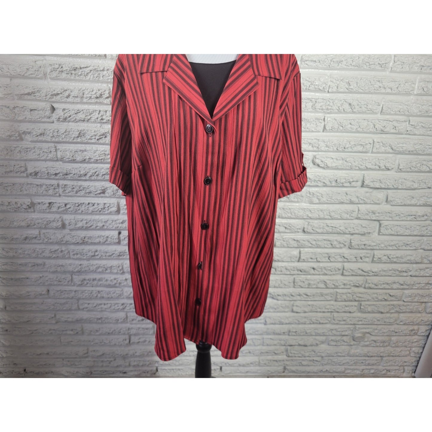 Maggie Barnes Womens Top 24W Plus Cuff Sleeve Red Stripe Collar Office Casual