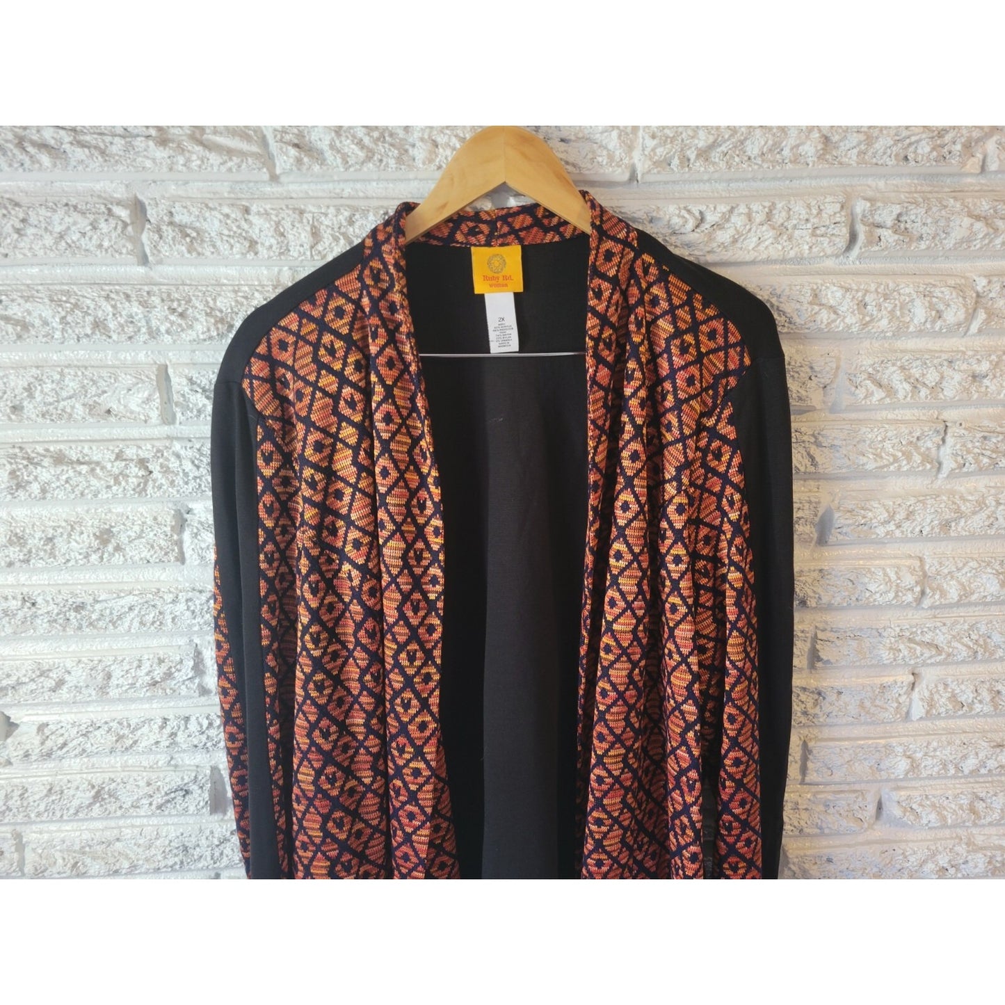 Ruby Rd Womens Top 2X Plus Shacket Jacket Open Geometric Knit Black Casual