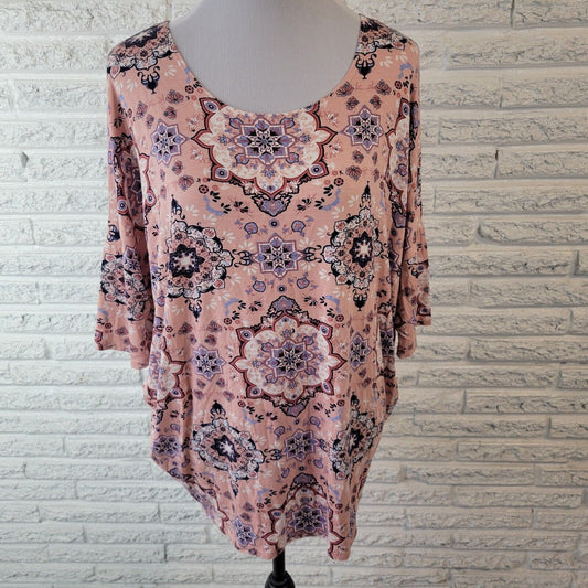 Agnes Dora Womens Top XL Tee Tunic Dolman Sleeve Pink Blue Mandala Lightweight