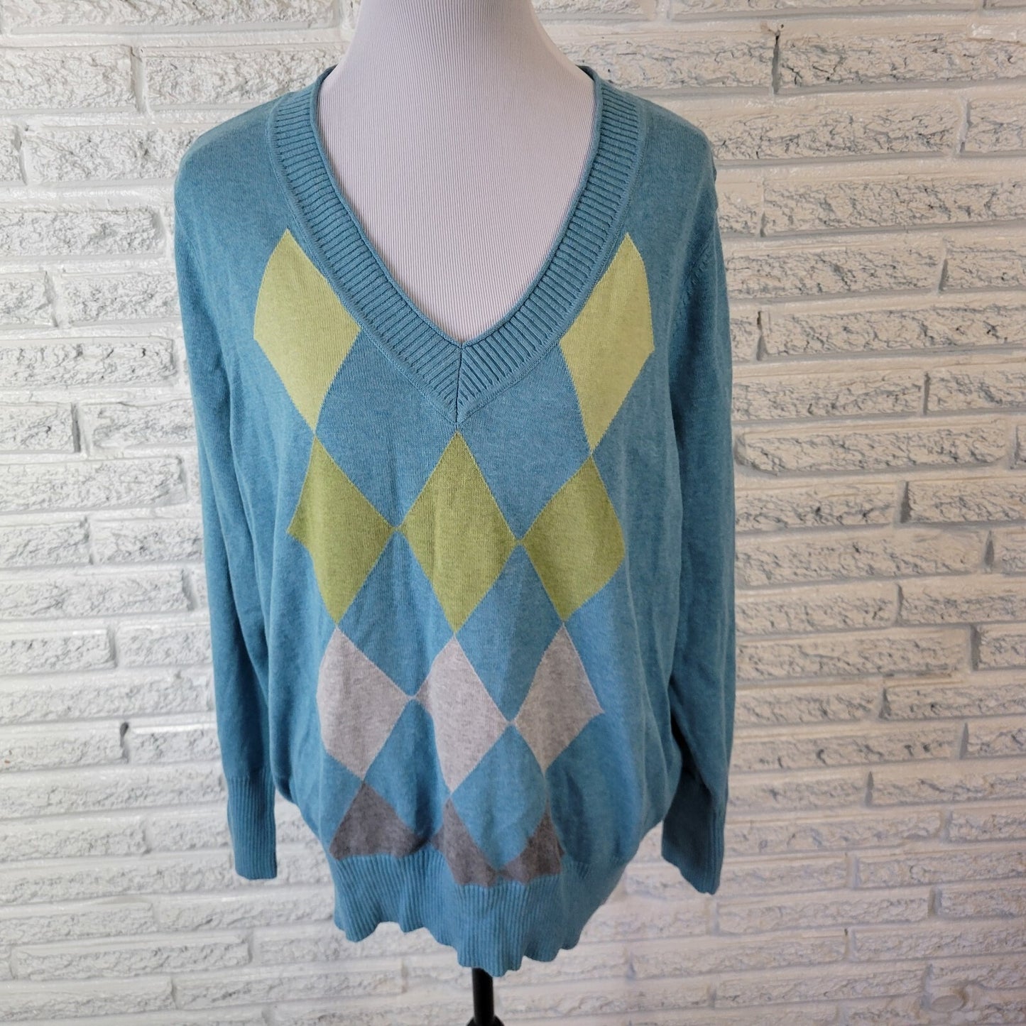 Sonoma Womens Sweater 1X Plus Long Sleeve Argyle Blue Green Cotton Pullover