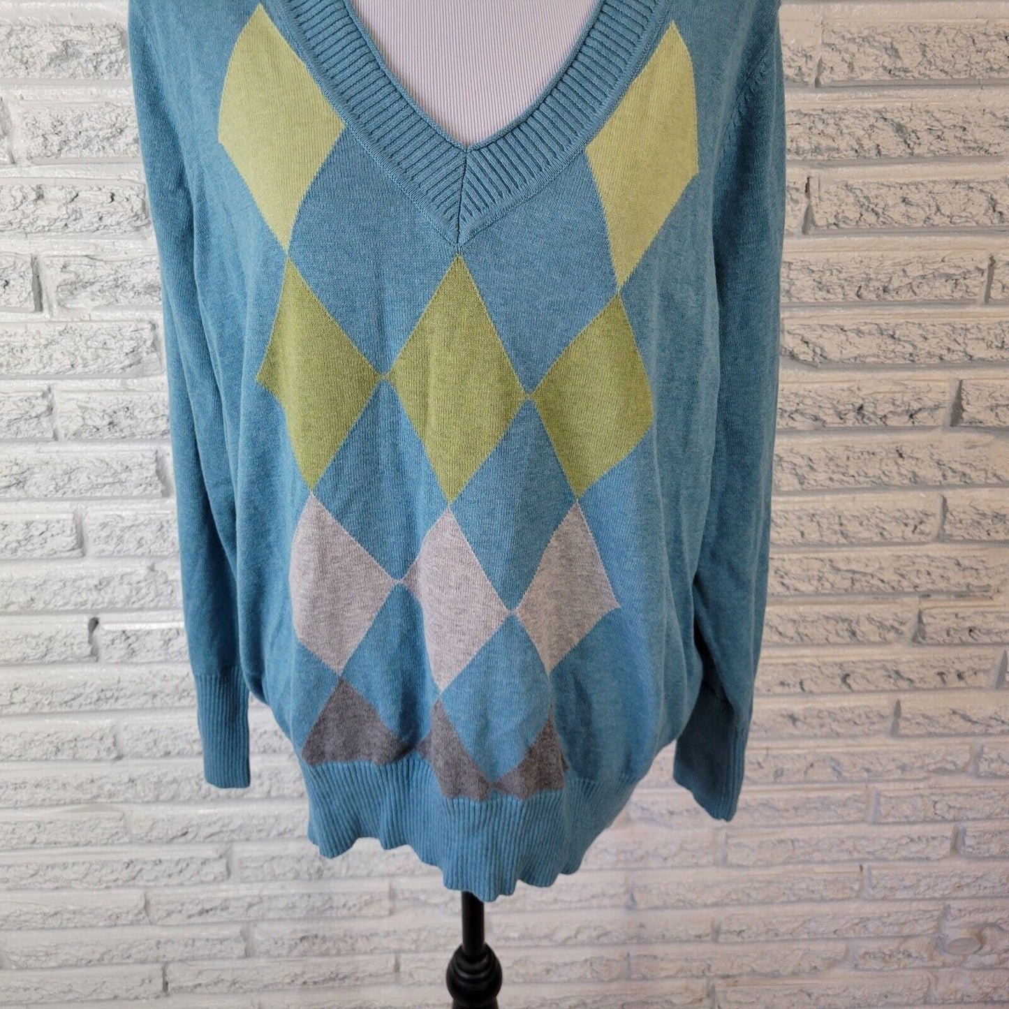 Sonoma Womens Sweater 1X Plus Long Sleeve Argyle Blue Green Cotton Pullover