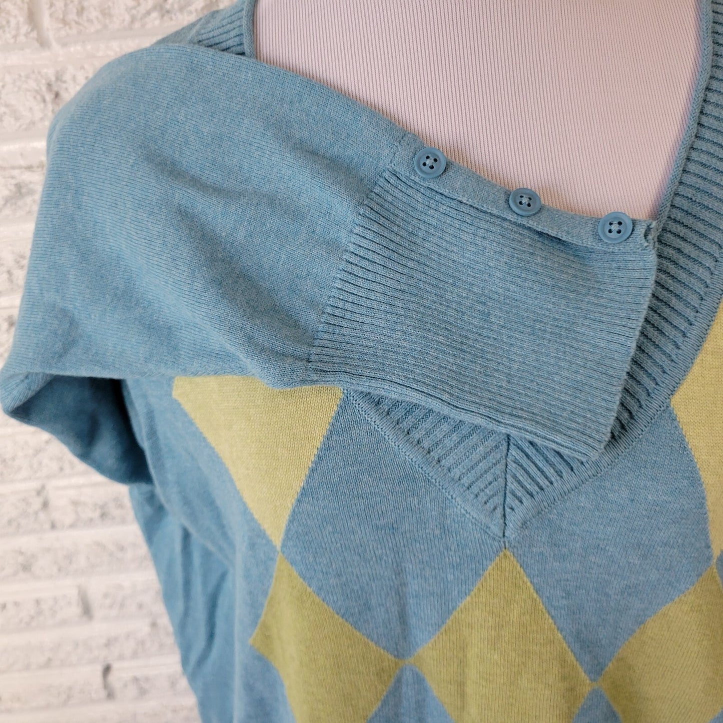 Sonoma Womens Sweater 1X Plus Long Sleeve Argyle Blue Green Cotton Pullover