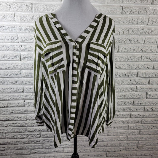 Ana Womens Top 2X Roll Tab Sleeve Rayon Green White Stripe  Lightweight Pockets