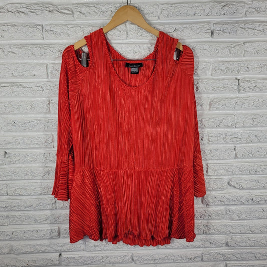 Ashley Stewart Womens Top 26 Plus Cold Shoulder Bell Sleeve Red Sheer Crinkle