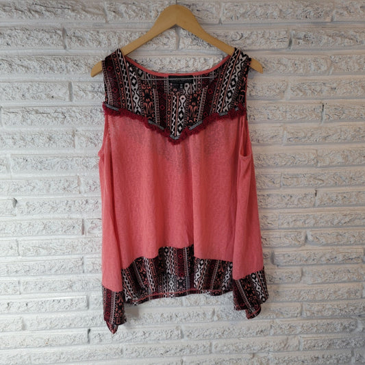 Almost Famous Womens Top 3X Plus Tank Boho Pink Burgundy Geometric Fringe Sheer
