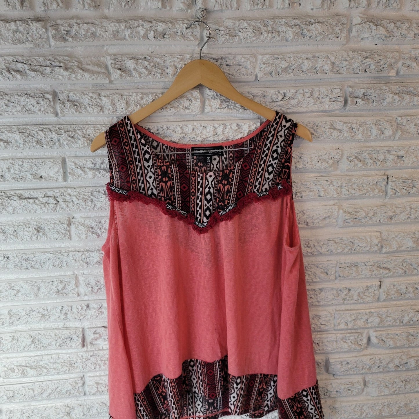 Almost Famous Womens Top 3X Plus Tank Boho Pink Burgundy Geometric Fringe Sheer