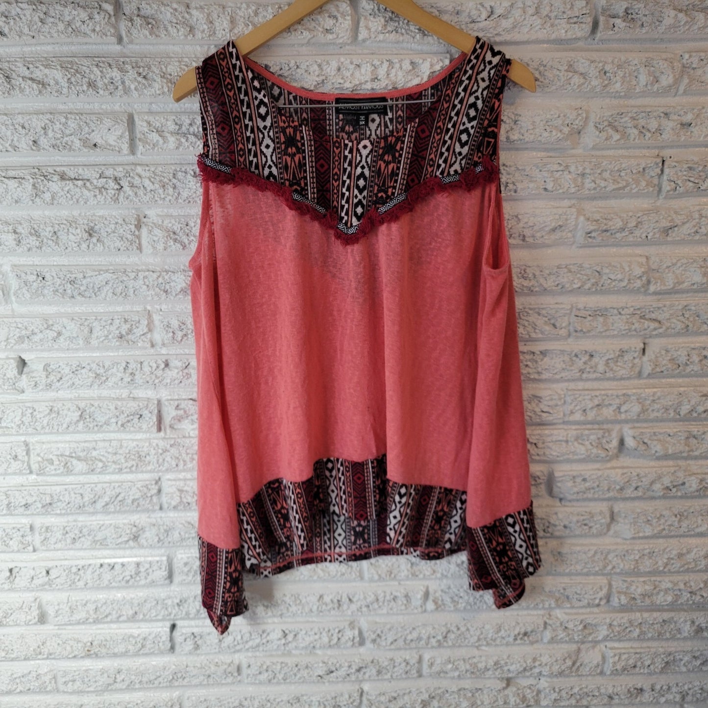 Almost Famous Womens Top 3X Plus Tank Boho Pink Burgundy Geometric Fringe Sheer