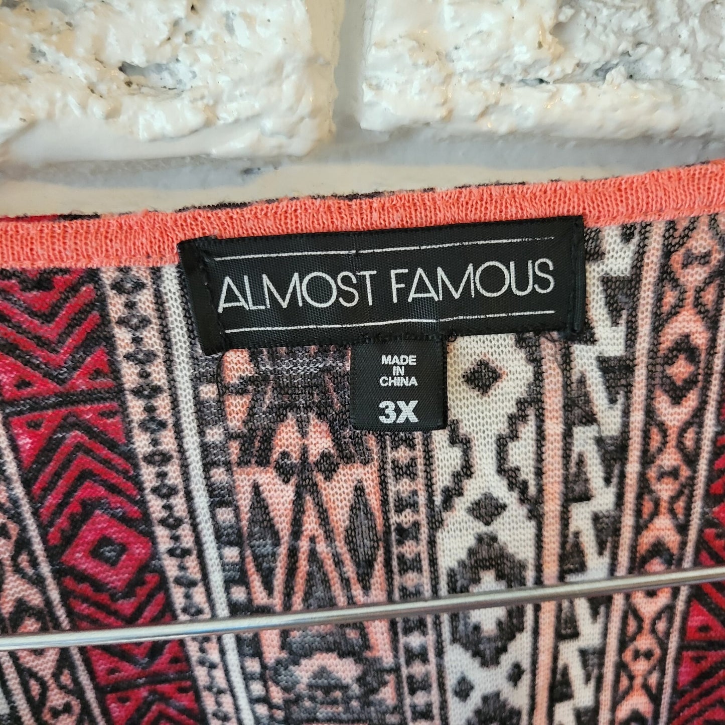 Almost Famous Womens Top 3X Plus Tank Boho Pink Burgundy Geometric Fringe Sheer