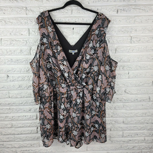 Bailey Blue Women Romper 2X Shorts Cold Shoulder Lined VNeck Black Floral Comfy