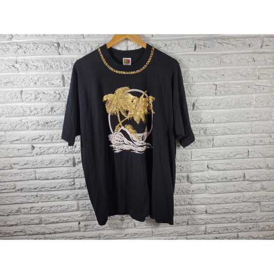 Fruit of Loom Womens Top XXL Tee Short Sleeve Tropical Black Gold Glitter Paint