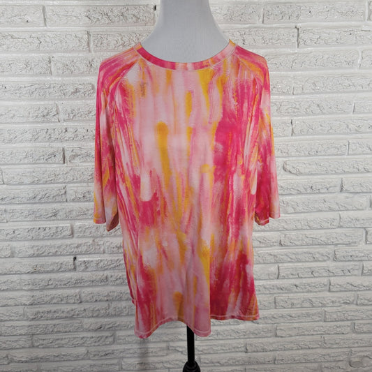 Reel Legends Womens Top 1X Plus Tee 3/4 Sleeve Pink Yellow Watercolor Comfy