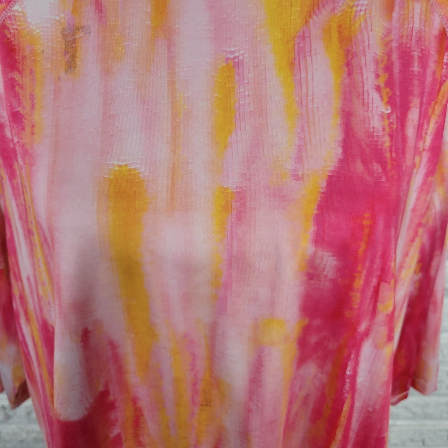Reel Legends Womens Top 1X Plus Tee 3/4 Sleeve Pink Yellow Watercolor Comfy