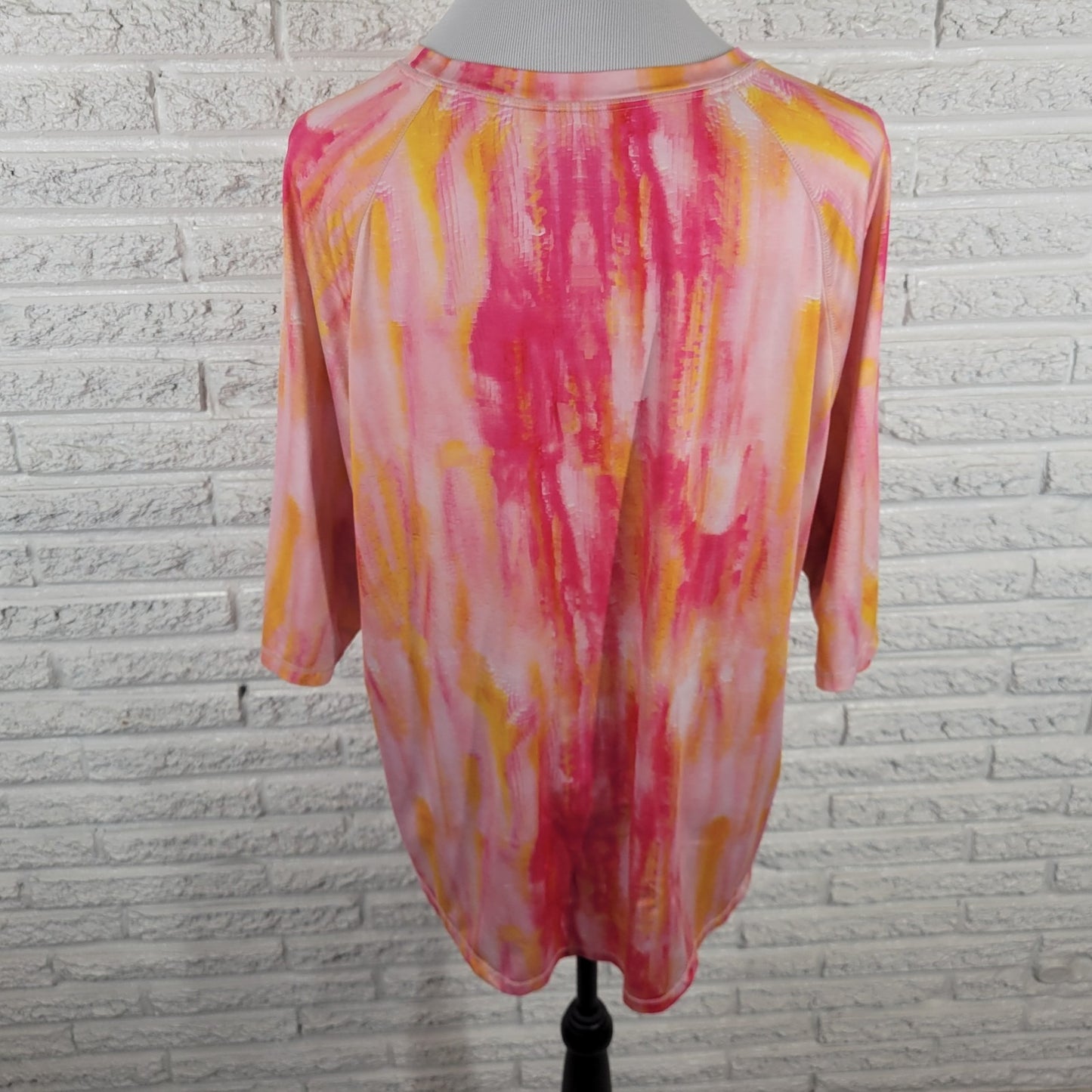 Reel Legends Womens Top 1X Plus Tee 3/4 Sleeve Pink Yellow Watercolor Comfy