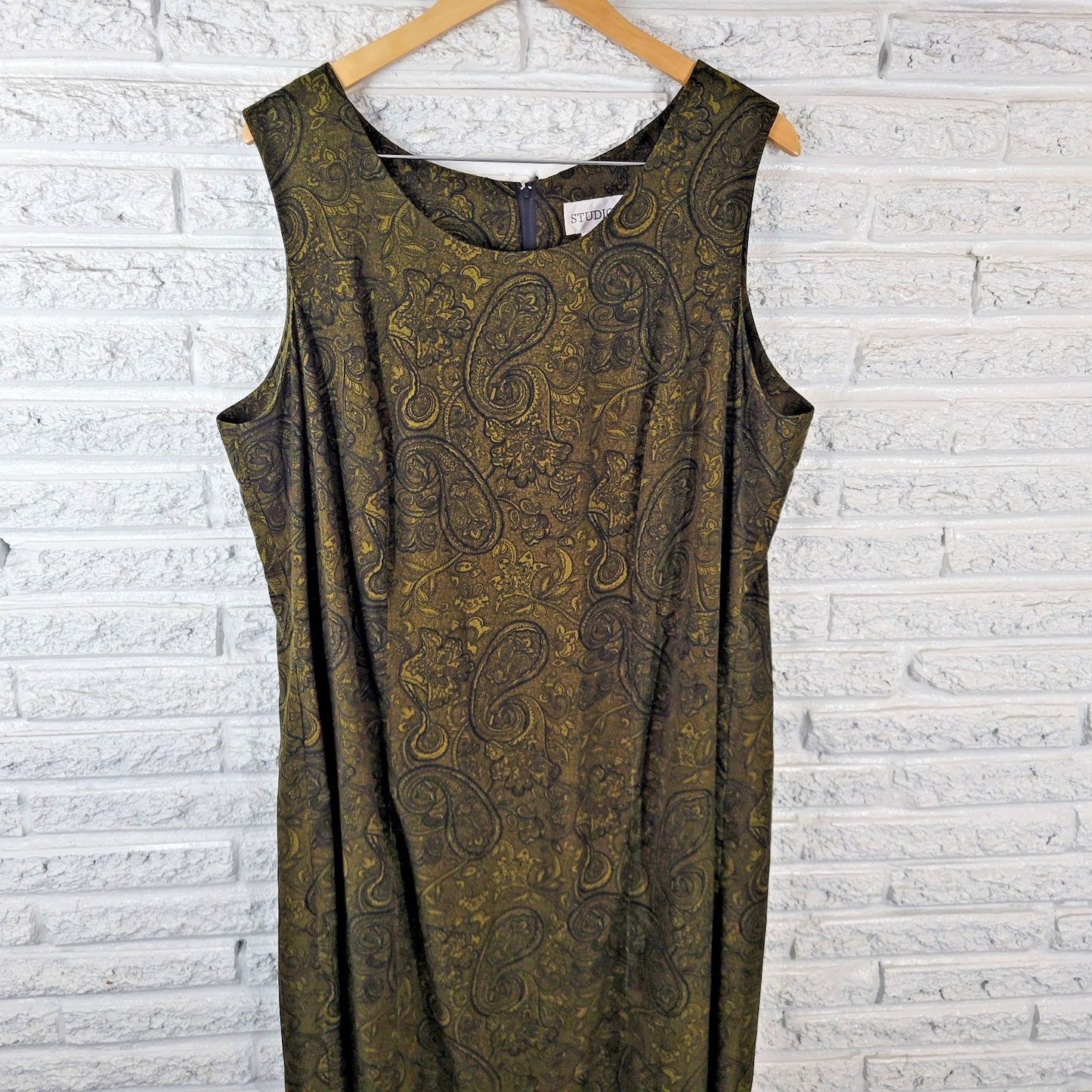 Studio I Womens Dress 22W Plus Shift Midi Sleeveless Green Paisley Zip Office