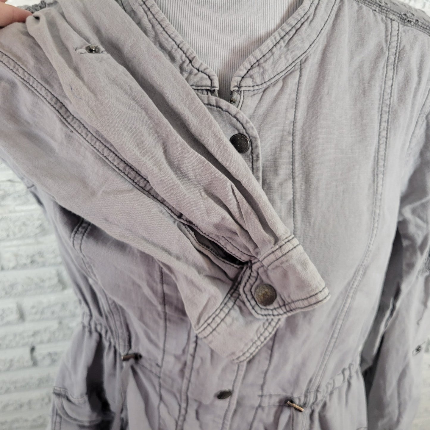 Maurices Womens Jacket XL Gray Linen Cotton Eyelet Zip Snap Up Casual Pockets