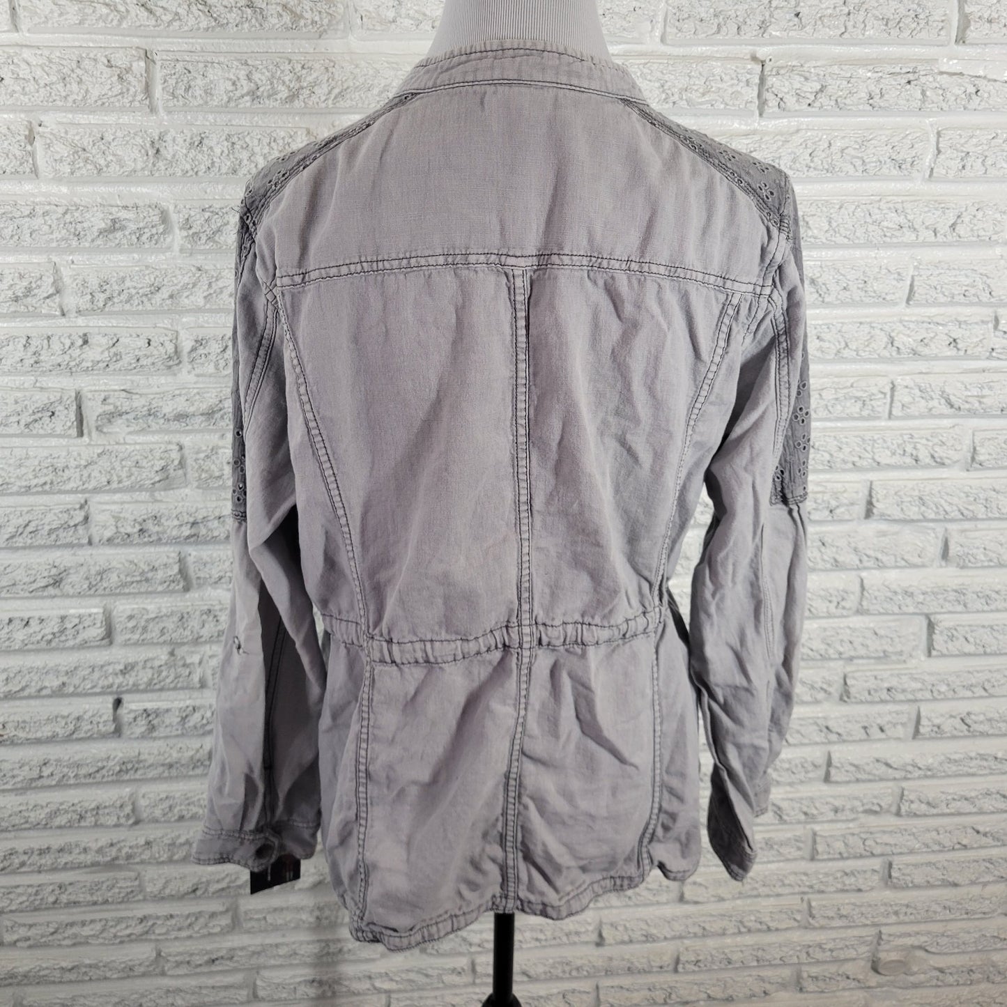 Maurices Womens Jacket XL Gray Linen Cotton Eyelet Zip Snap Up Casual Pockets