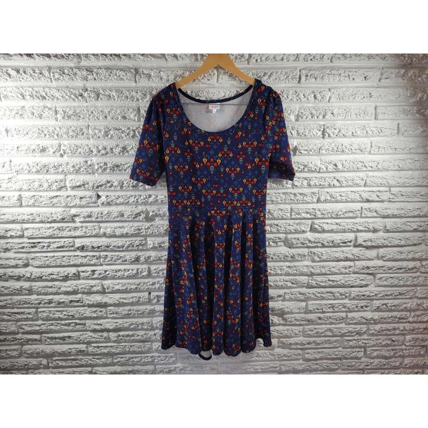 Lularoe Women Dress Extra Large XL Fit Flare Short Sleeve Poly Blend Blue Casual