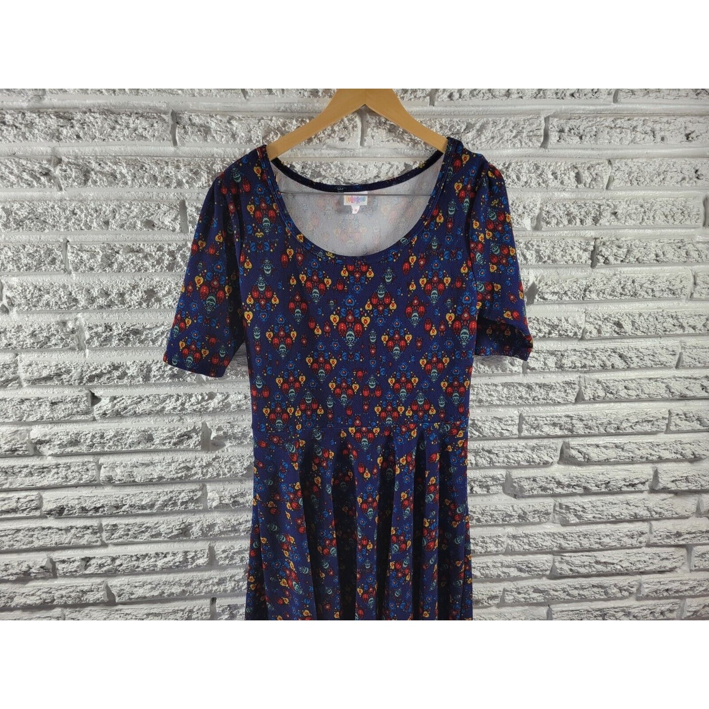 Lularoe Women Dress Extra Large XL Fit Flare Short Sleeve Poly Blend Blue Casual