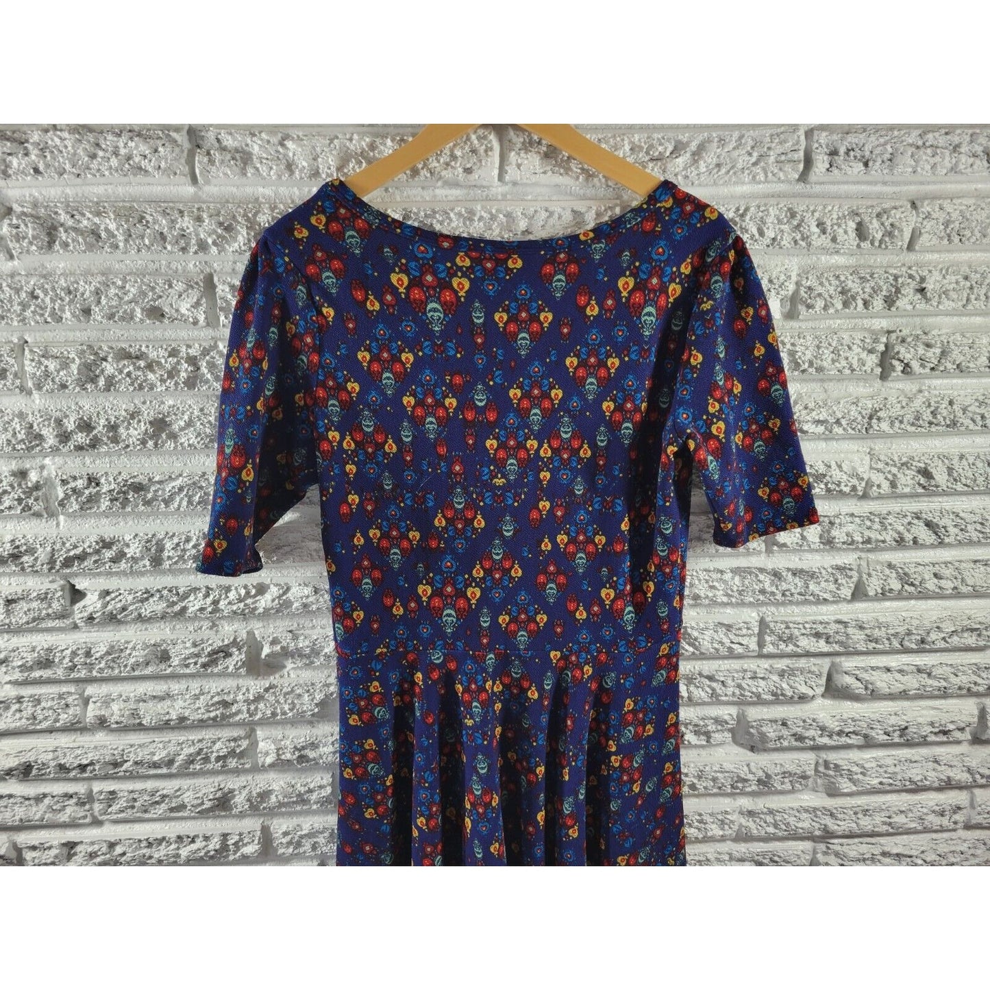 Lularoe Women Dress Extra Large XL Fit Flare Short Sleeve Poly Blend Blue Casual