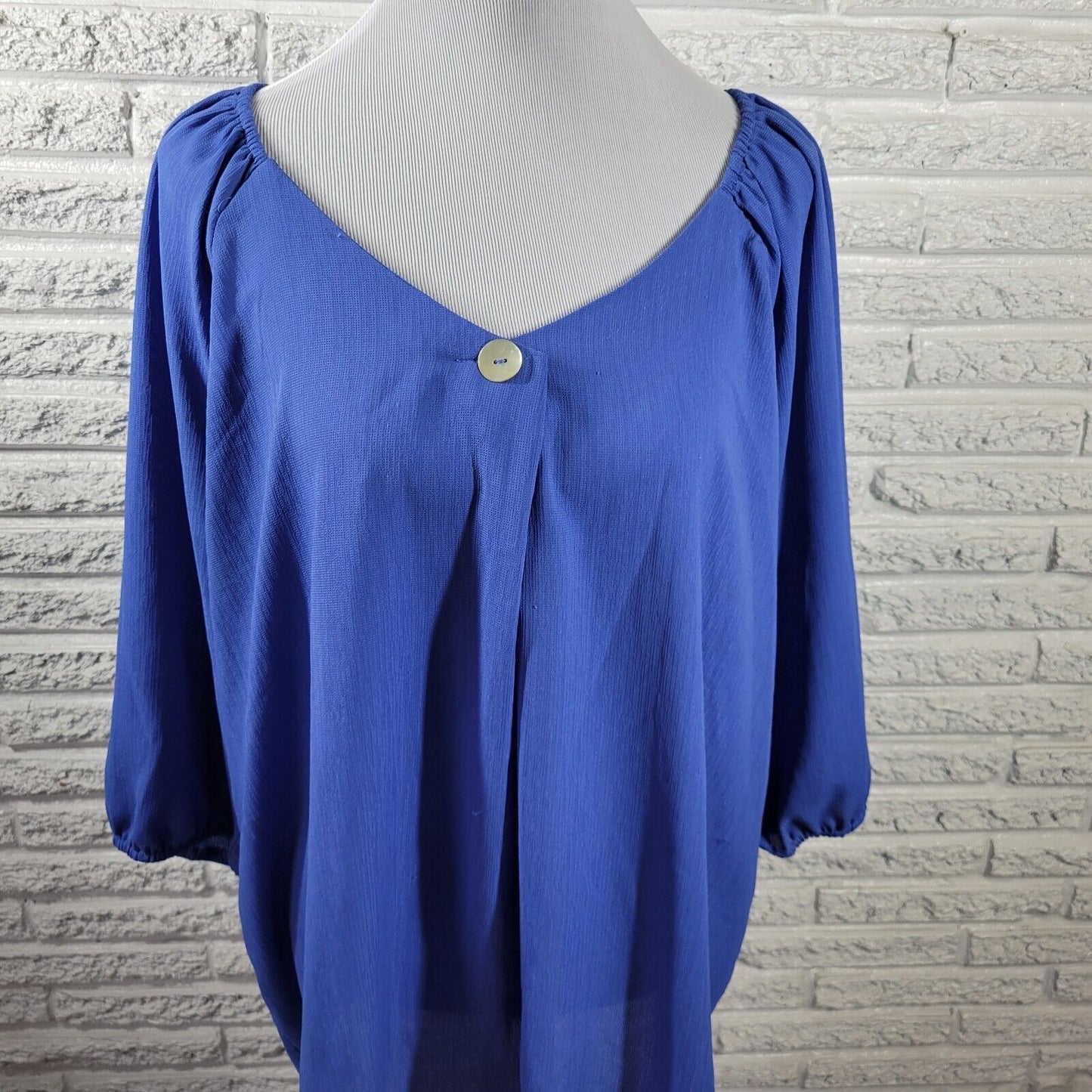 Adrienne Vittadini Womens Top 2X Puff Sleeve Blue Sheer Lightweight Poly Blend