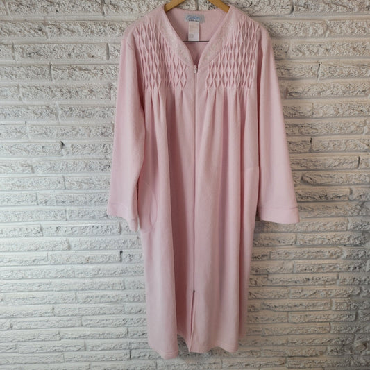 Collette Miss Elaine Womens Robe XL Full Zip Pink Fleece Embroidered Cinched