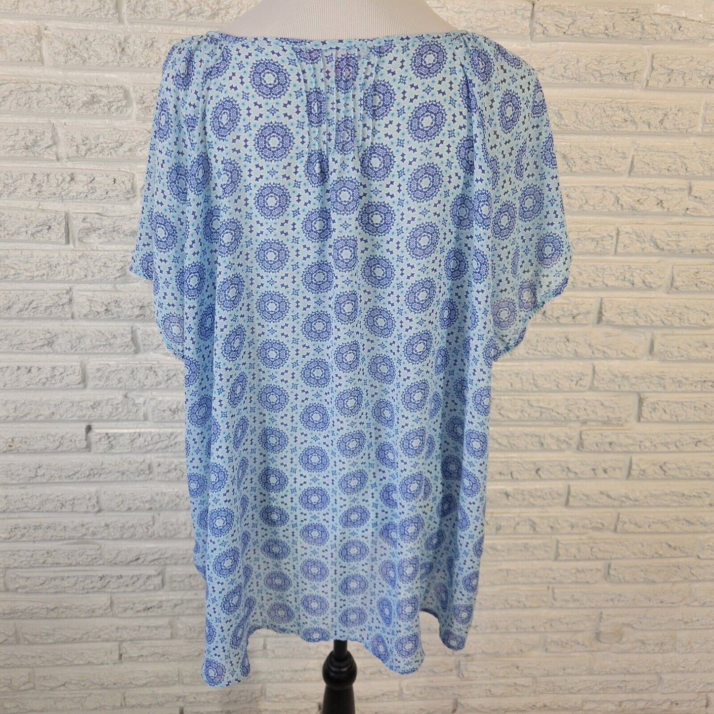 Woman Within Womens Top 2X Tunic Cap Sleeve Blue Geometric Crochet Sheer Keyhole