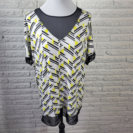 Worthington Womens Top Extra Large Back Zip Chiffon Hem Casual Yellow Geometric