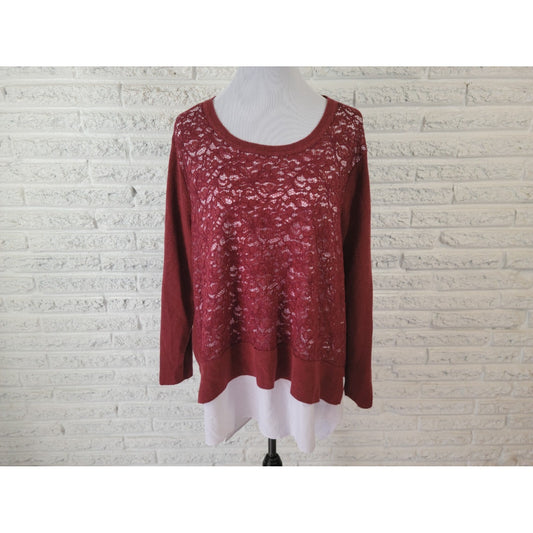 Simply Vera Wang Women Sweater 2X Plus Pullover Long Sleeve Brown Crochet Office