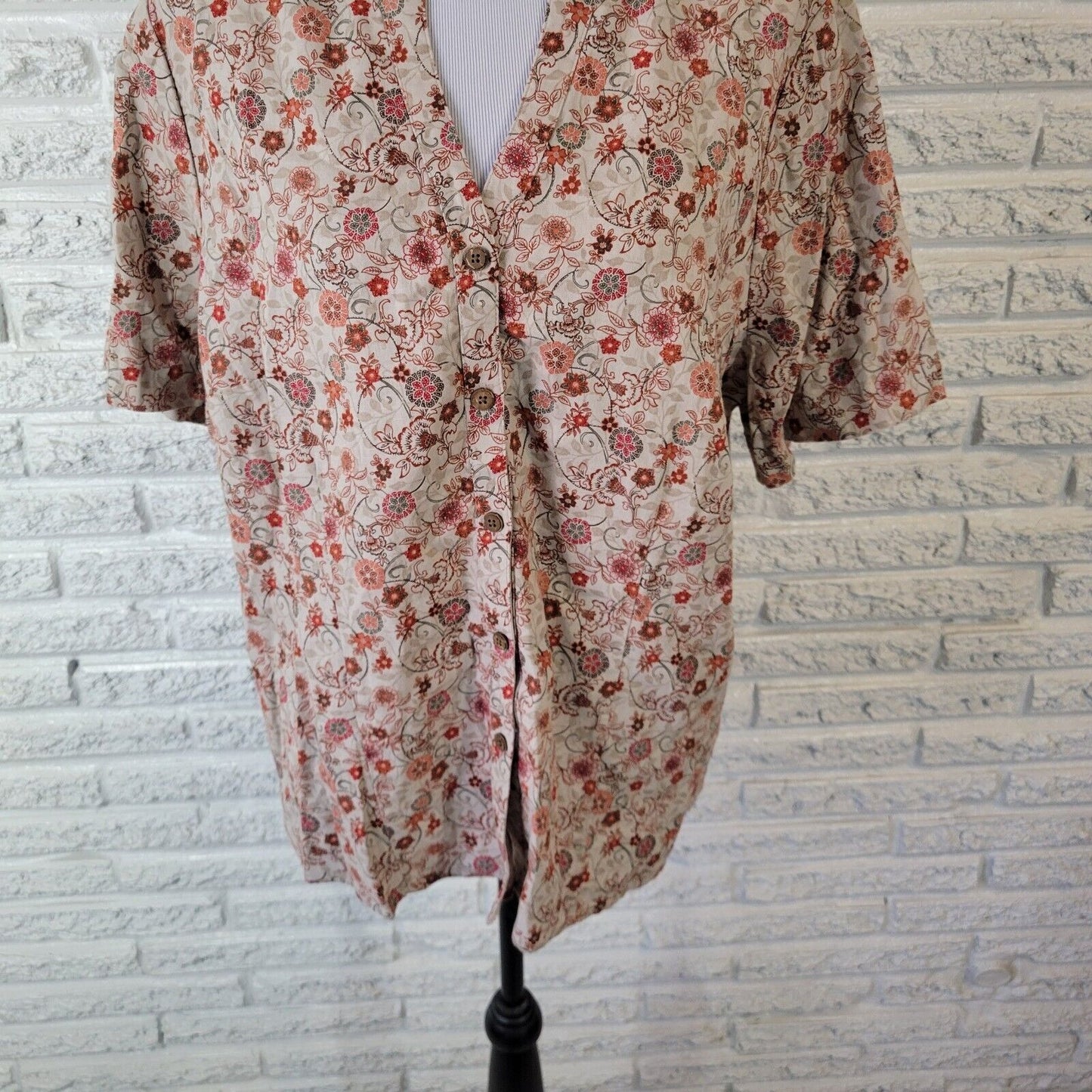 CJ Banks Womens Top 1X Short Sleeve Red Orange Floral Linen Rayon Lightweight