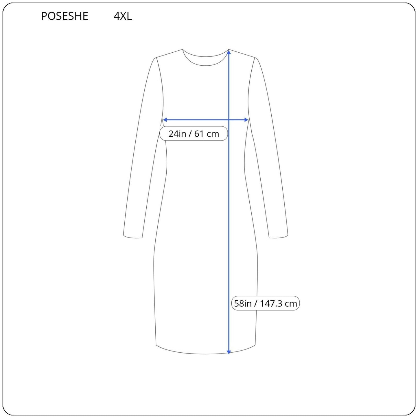 Poseshe Womens Dress 4XL Long Sleeve Sheath Midi Blue Career Casual Poly Blend