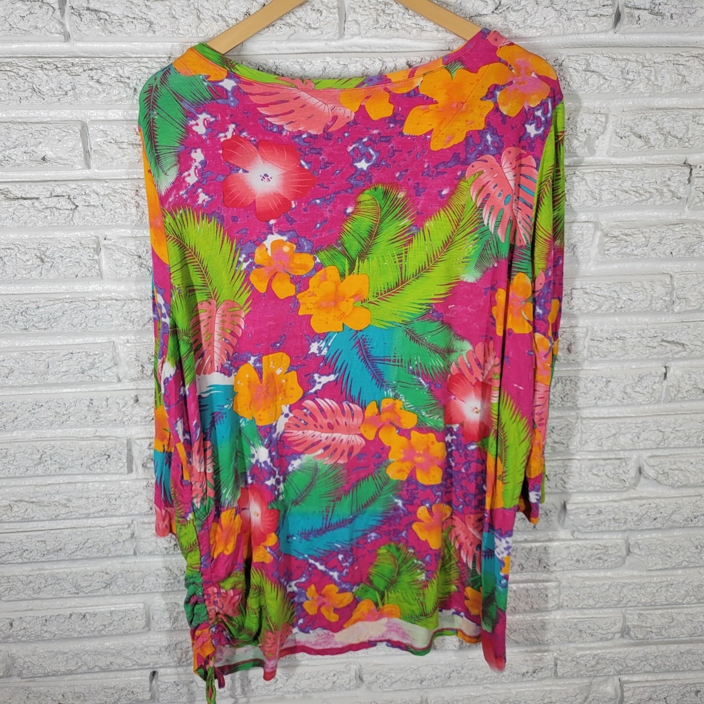 Palm Harbour Womens Top 2X Plus Tunic 3/4 Sleeve Pink Floral Tied Side Casual