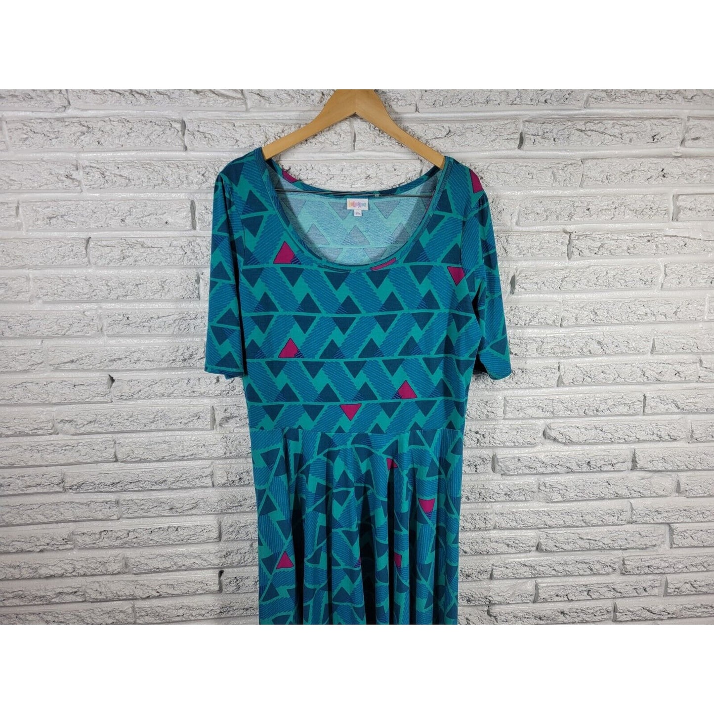 Lularoe Womens Dress 3XL Plus Fit Flare Short Sleeve Blue Geometric Poly Blend